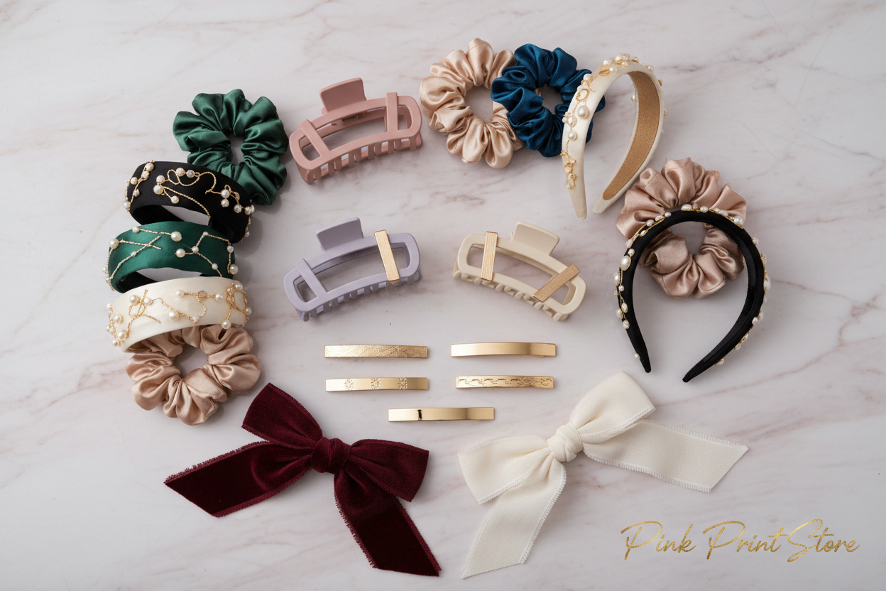 Trendy hair accessories flat lay for 2026 including claw clips, satin scrunchies, embellished headbands, and gold barrettes