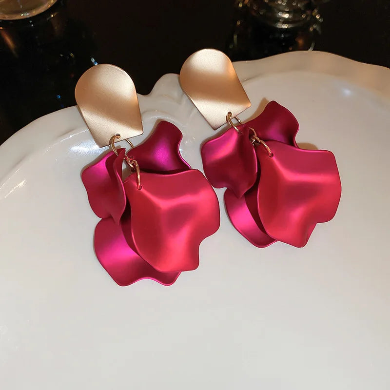 Solid Color Twisted Smooth Rose Flower Petal Dangle Earrings for Women