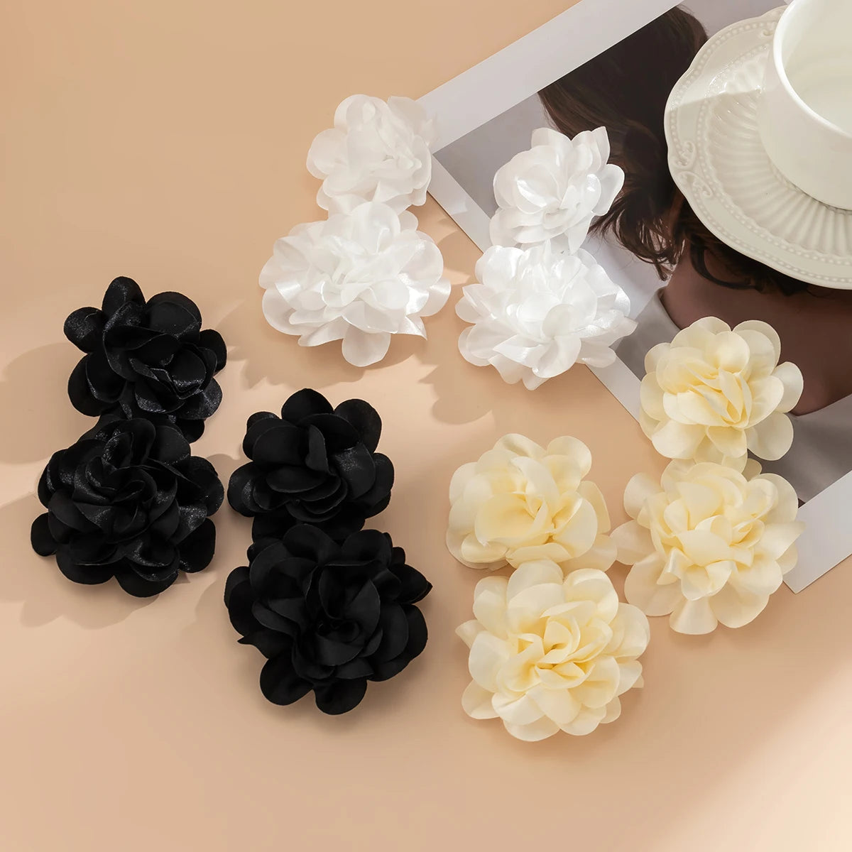 Exaggerated Big Fluffy Fabric Flower Petal Drop Earrings for Women.