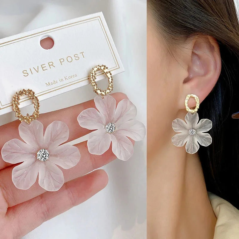 Translucent White Flower Hanging Earrings for Women.