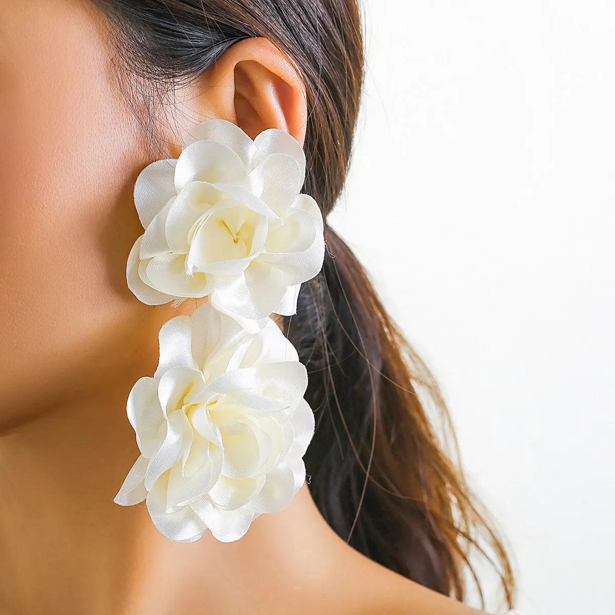 Exaggerated Big Fluffy Fabric Flower Petal Drop Earrings for Women.