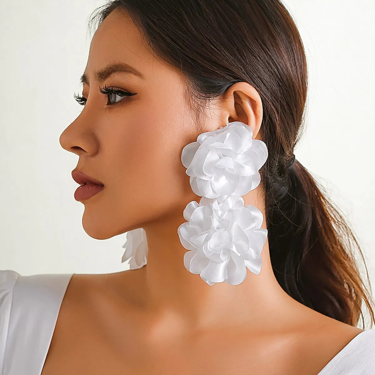 Exaggerated Big Fluffy Fabric Flower Petal Drop Earrings for Women.