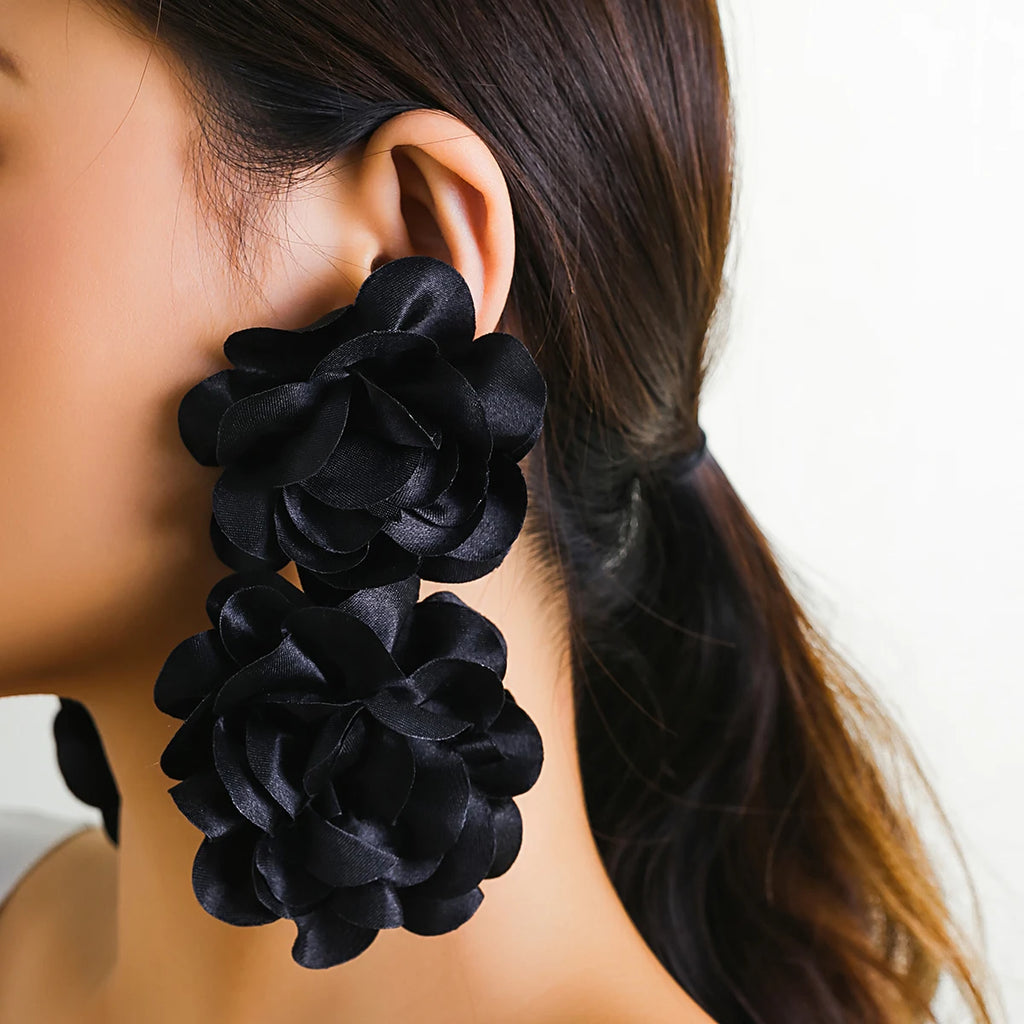 Exaggerated Big Fluffy Fabric Flower Petal Drop Earrings for Women.