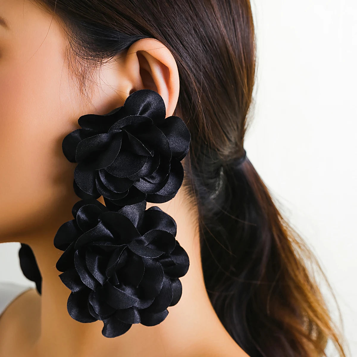 Exaggerated Big Fluffy Fabric Flower Petal Drop Earrings for Women.