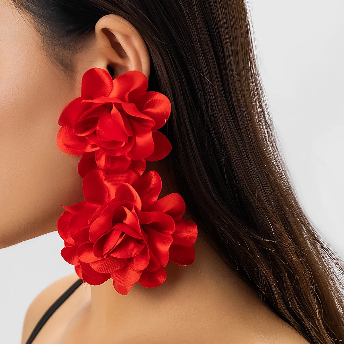 Exaggerated Big Fluffy Fabric Flower Petal Drop Earrings for Women.