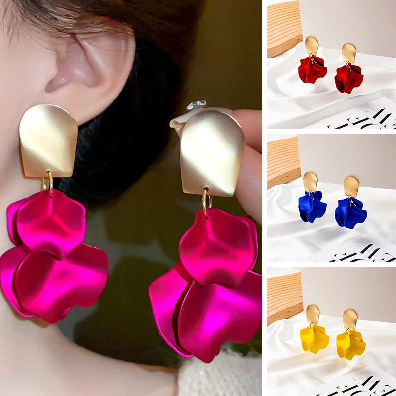 Solid Color Twisted Smooth Rose Flower Petal Dangle Earrings for Women