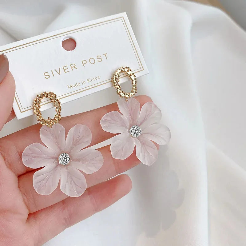 Translucent White Flower Hanging Earrings for Women.