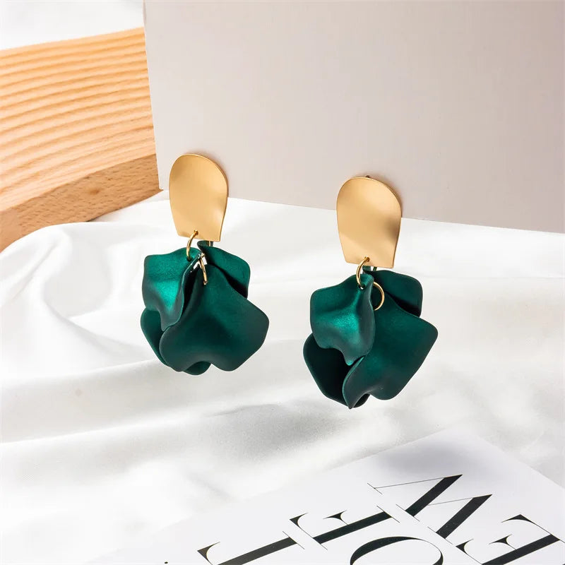 Solid Color Twisted Smooth Rose Flower Petal Dangle Earrings for Women
