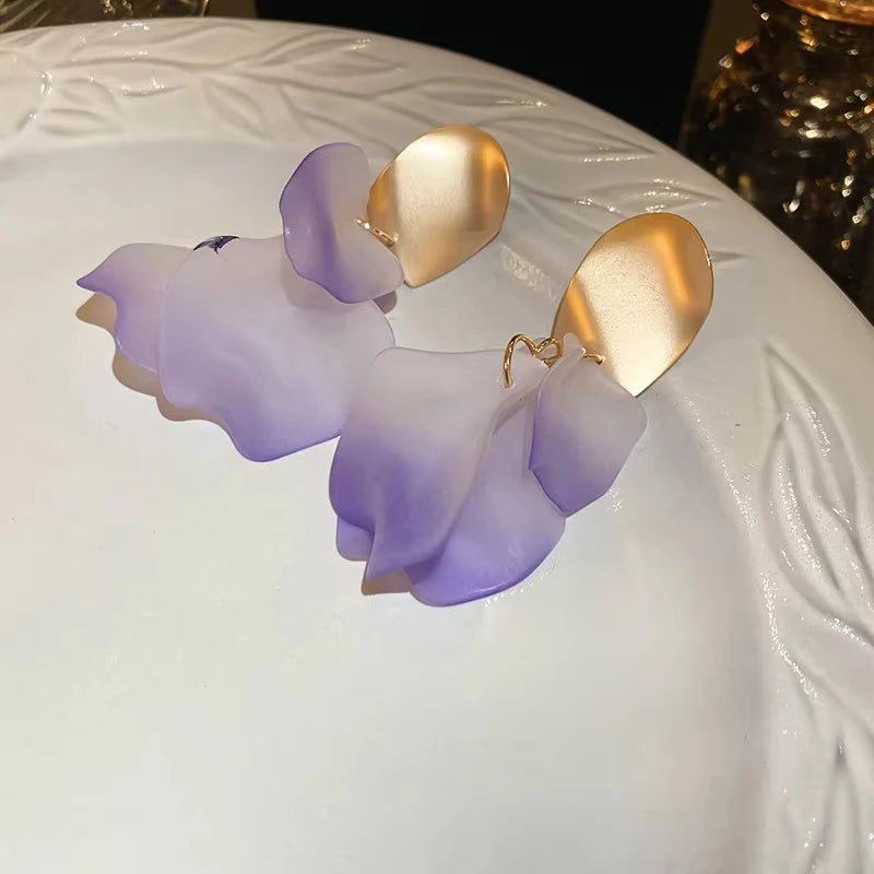 Solid Color Twisted Smooth Rose Flower Petal Dangle Earrings for Women
