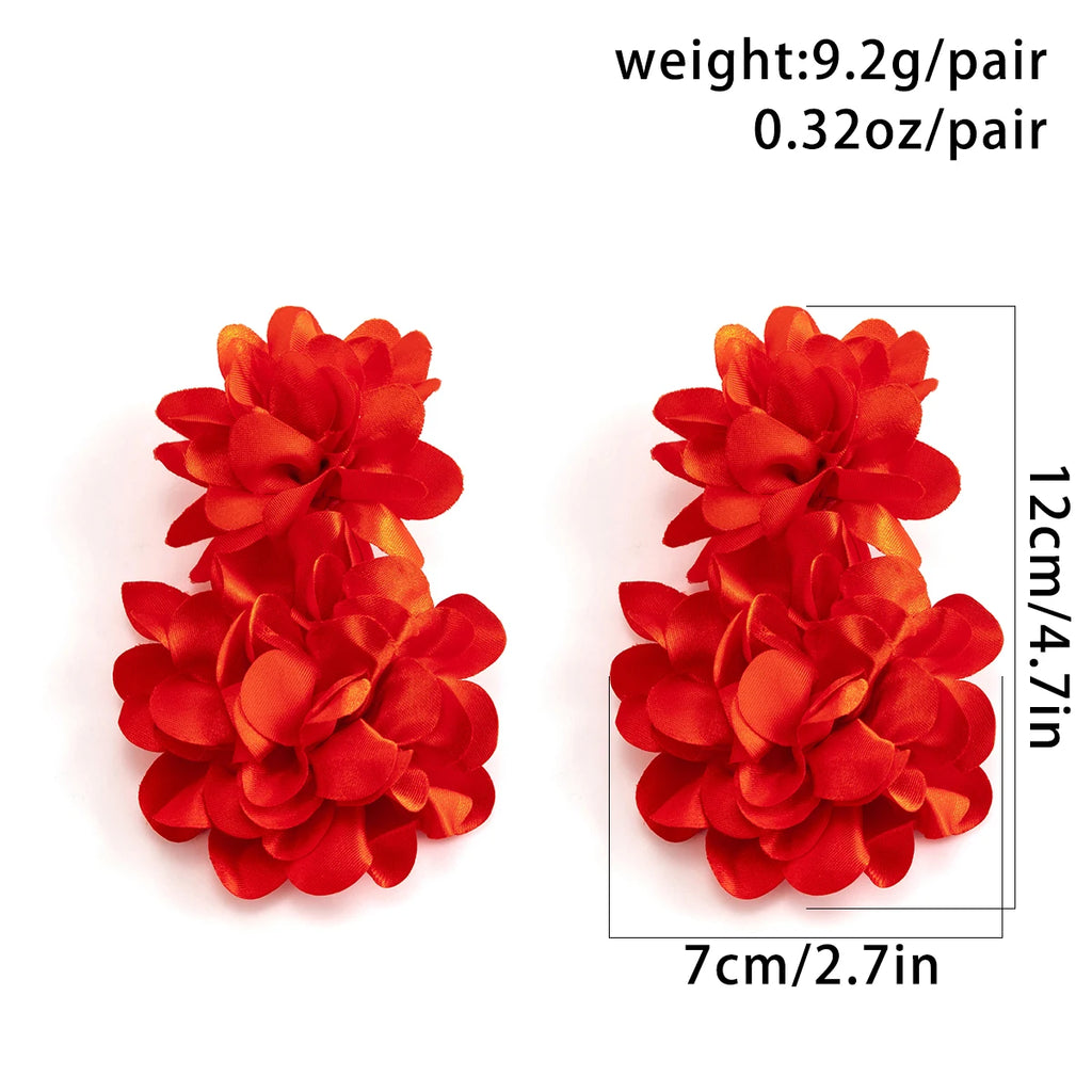Exaggerated Big Fluffy Fabric Flower Petal Drop Earrings for Women.