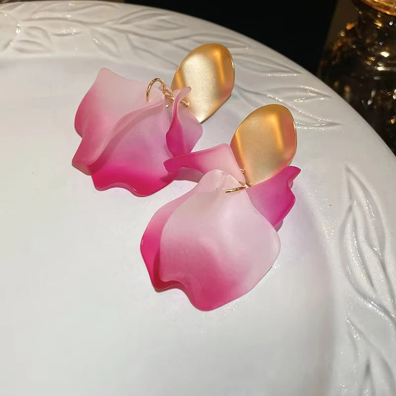 Solid Color Twisted Smooth Rose Flower Petal Dangle Earrings for Women