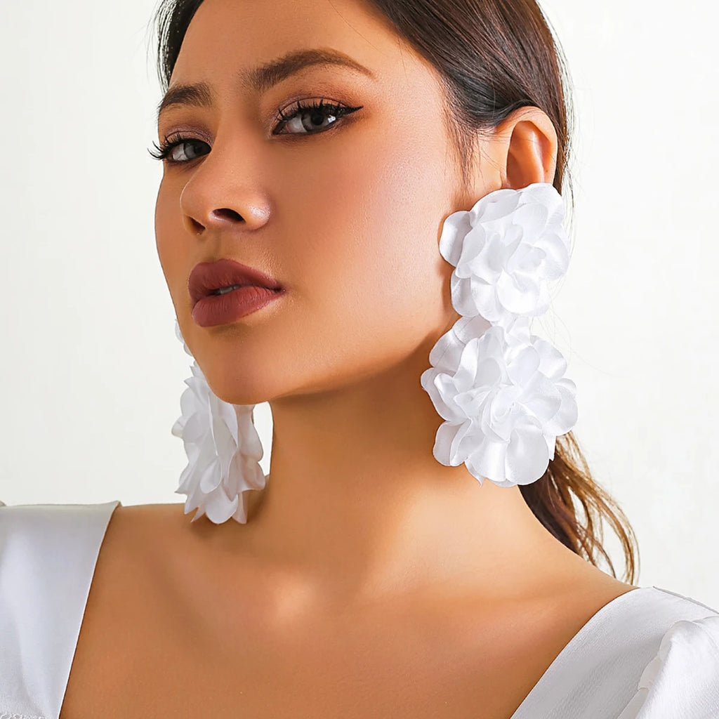 Exaggerated Big Fluffy Fabric Flower Petal Drop Earrings for Women.