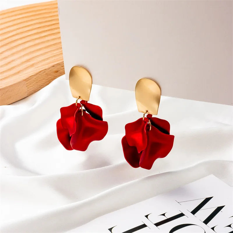 Solid Color Twisted Smooth Rose Flower Petal Dangle Earrings for Women