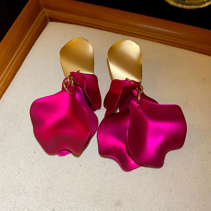 Solid Color Twisted Smooth Rose Flower Petal Dangle Earrings for Women