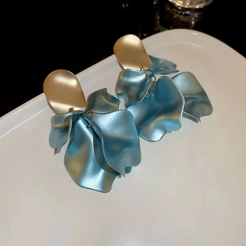 Solid Color Twisted Smooth Rose Flower Petal Dangle Earrings for Women