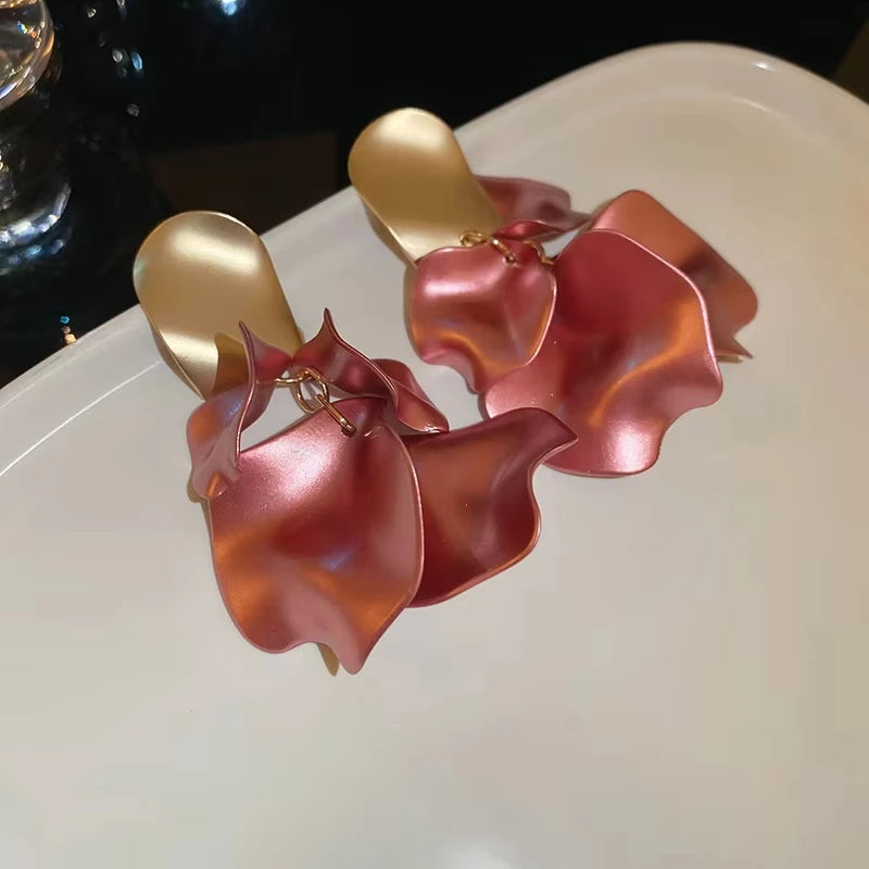 Solid Color Twisted Smooth Rose Flower Petal Dangle Earrings for Women